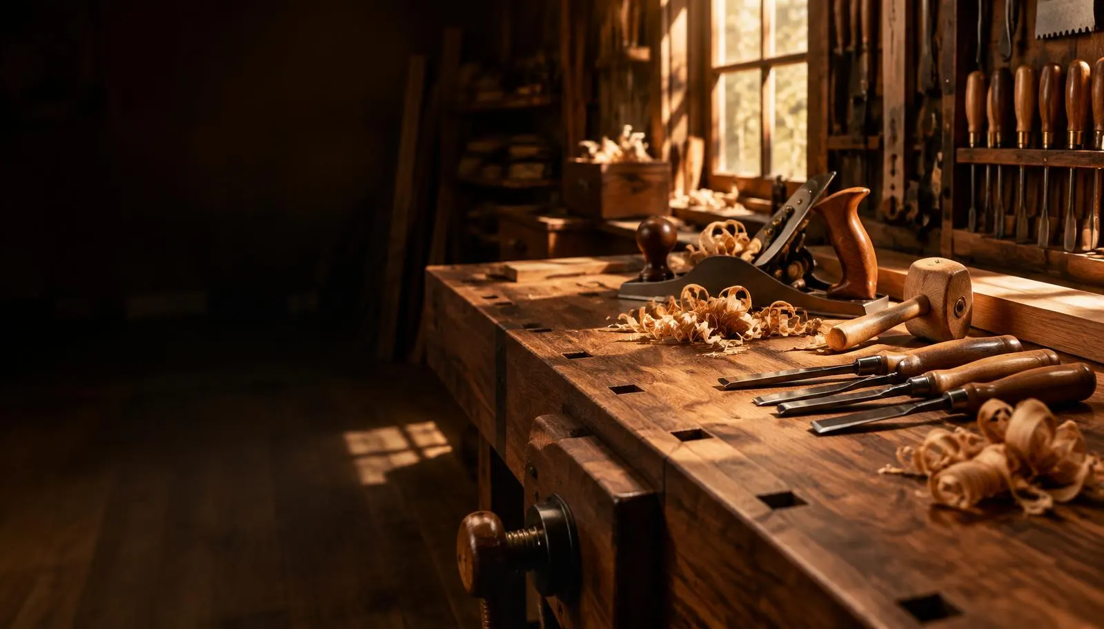 Traditional woodworking tools arranged on a warm timber workbench