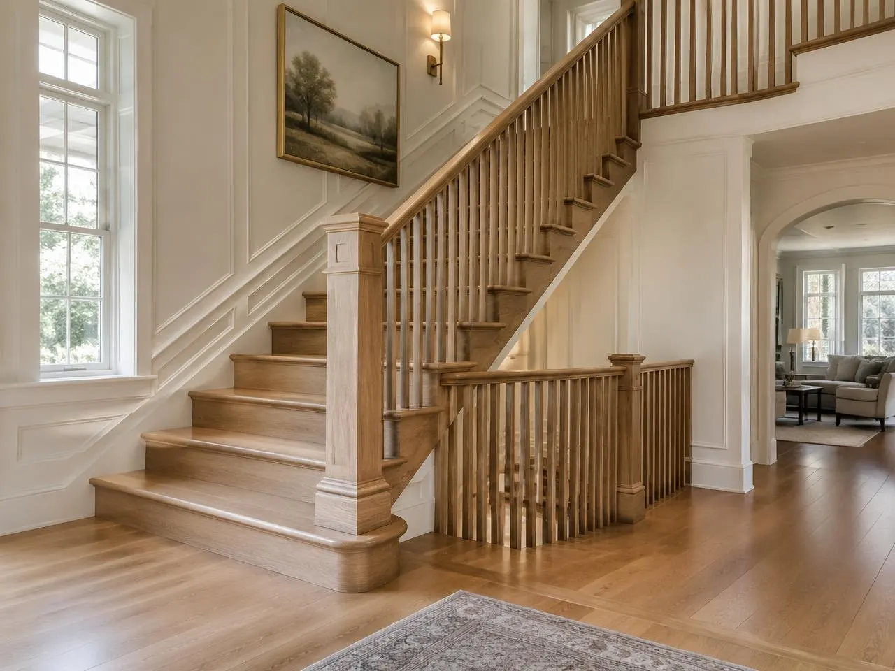 Custom staircase study with wood treads and a rail
