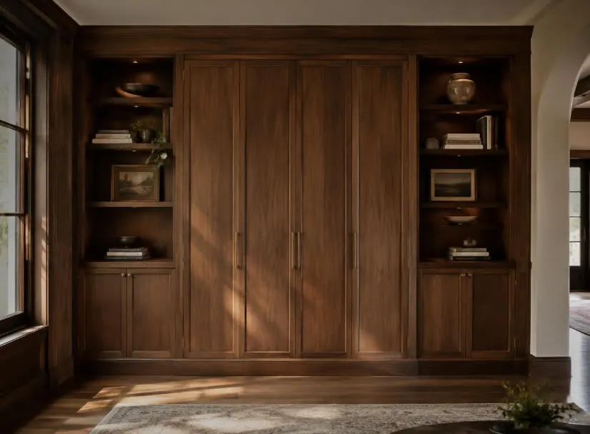 Dark walnut interior doors with brass pulls, set between open shelves